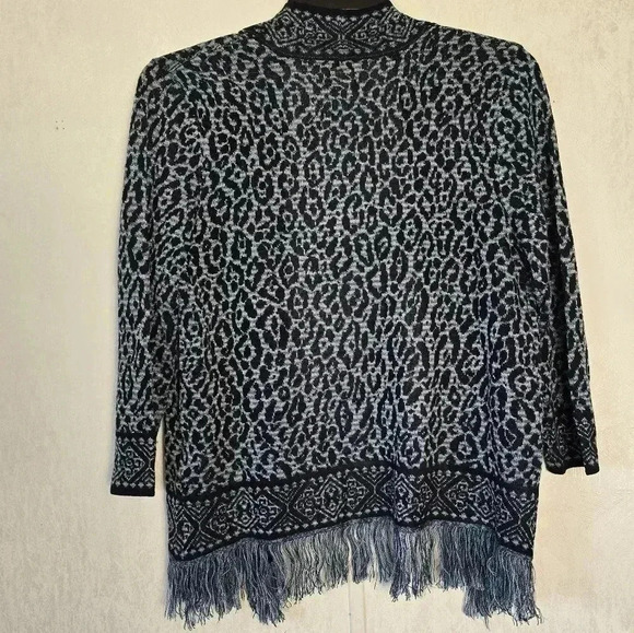 Ruby Rd Womens Large Leopard Fringe Blue Metallic Silver Thread Cardigan Sweater - Picture 5 of 6